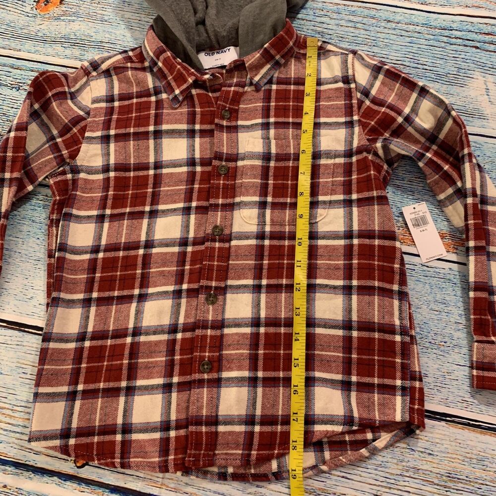 Old Navy Boys Shirt Kids Plaid Flannel Hooded Buttons Red Fleece Cowboy 6 7 S - Picture 9 of 12